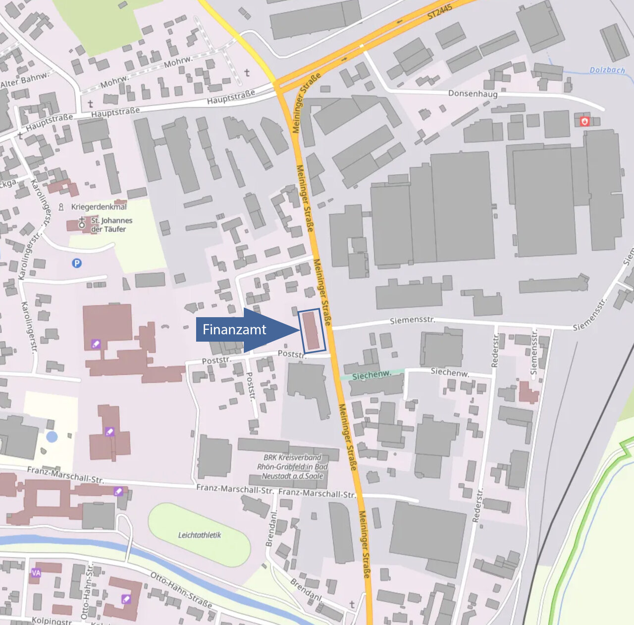  Lageplan mit Markierung des Finanzamts Bad Neustadt, Meininger Straße 39